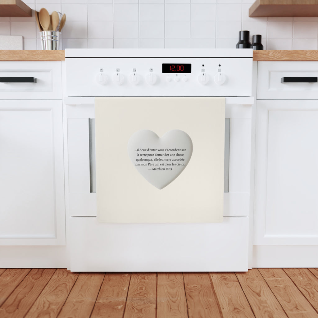 Cotton Tea Towel — Heart Bible Verse (Matthieu 18:19) French Scripture Kitchen Towel