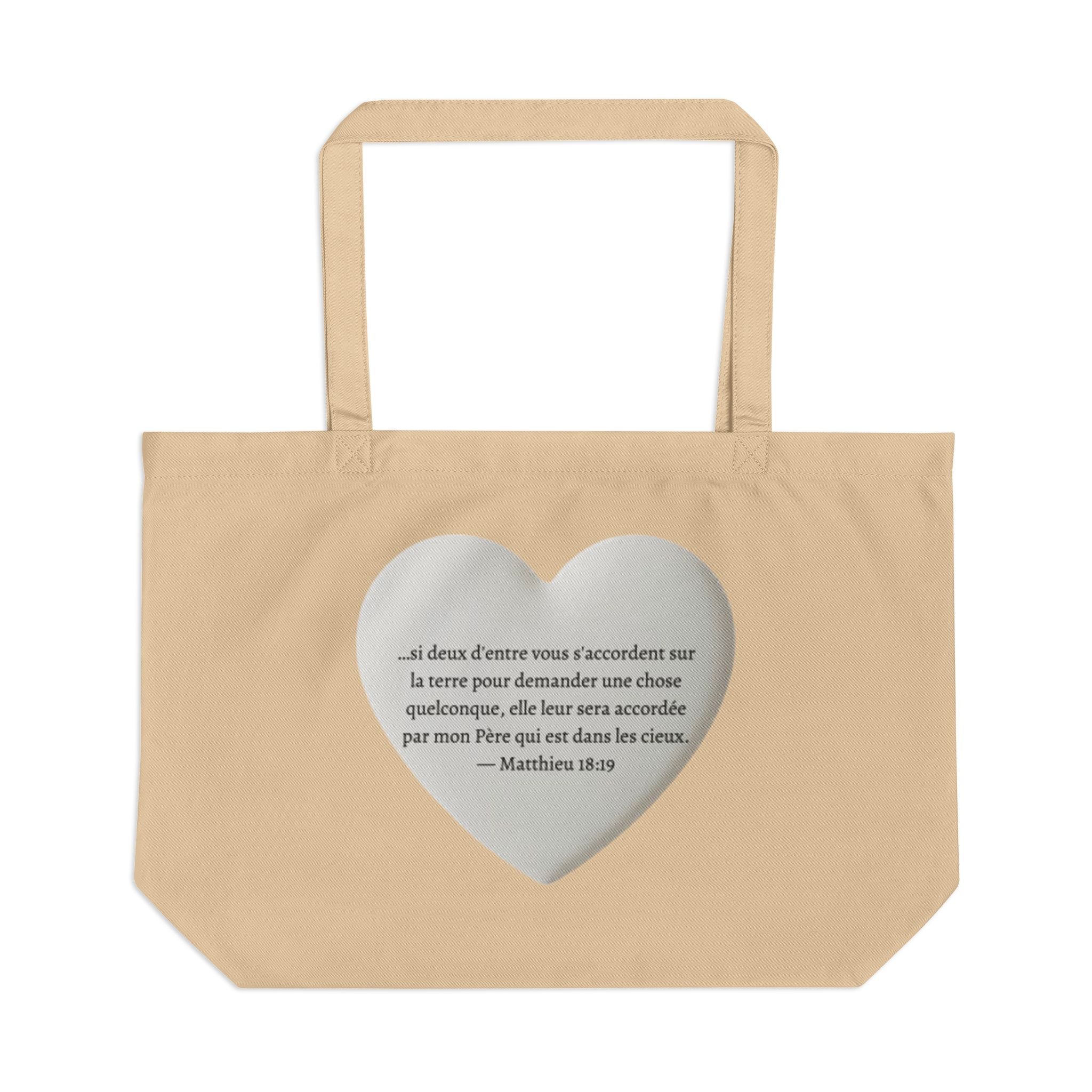 Sac fourre-tout Christian Heart avec Matthieu 18:19 Écriture - Grand fourre-tout d'épicerie et d'église en toile écologique