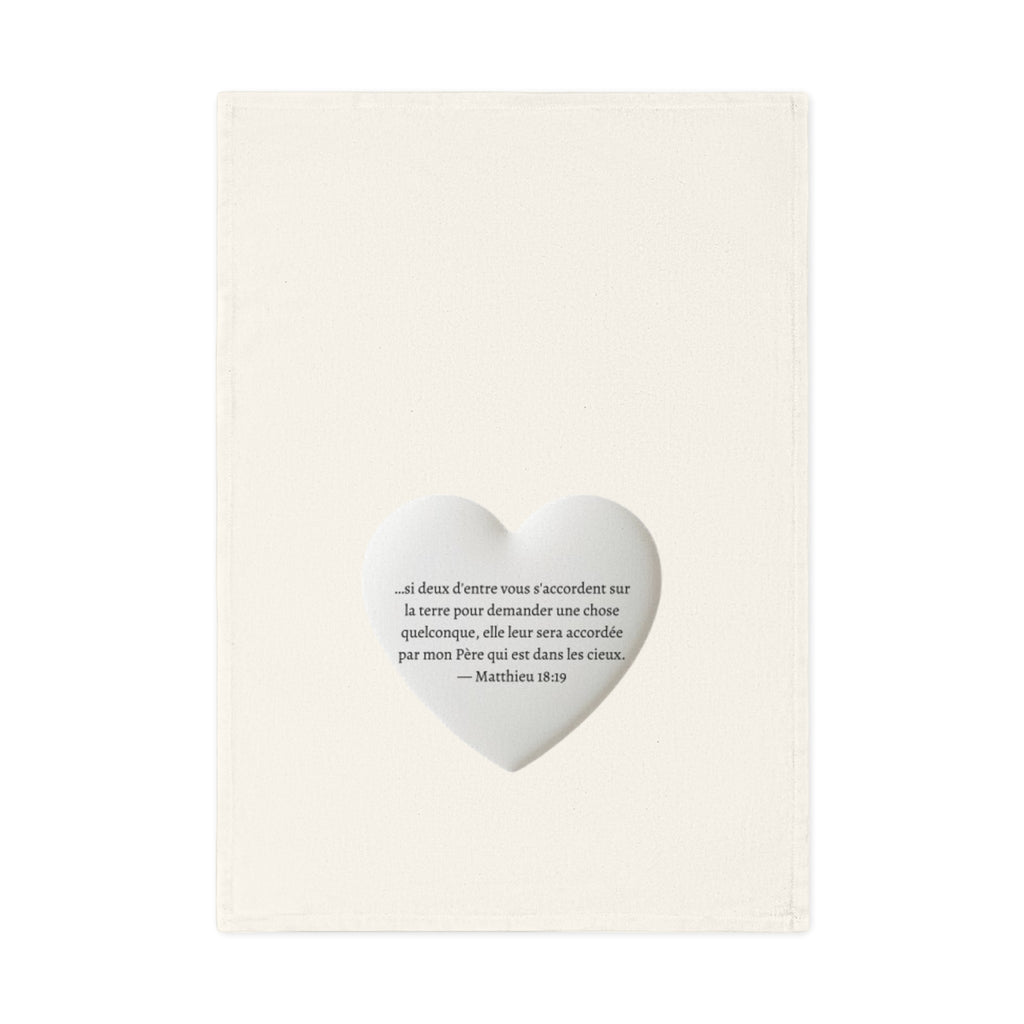 Cotton Tea Towel — Heart Bible Verse (Matthieu 18:19) French Scripture Kitchen Towel